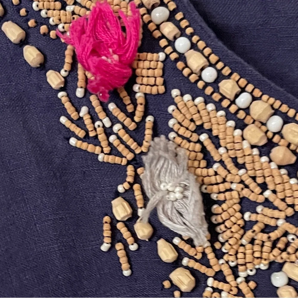 Calypso St. Barth Navy Blue Linen Wood Beaded Embroidered Tunic Top s‎ - Picture 7 of 10